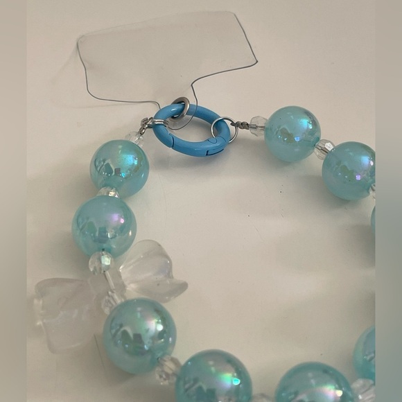 Large Blue Beaded with Clear Bow Charm Phone Accessory Wristlet with Phone Tab - Picture 7 of 15